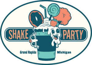 Illustrated anthropomorphic milkshake logo that reads SHAKE PARTY on either side